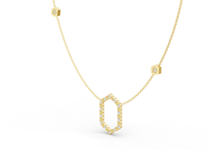 Bead Floating Frame Necklace in Diamond and Gold