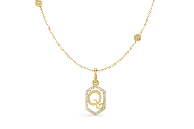 Diamond Pave Letter Charm in Yellow Gold, letter Q