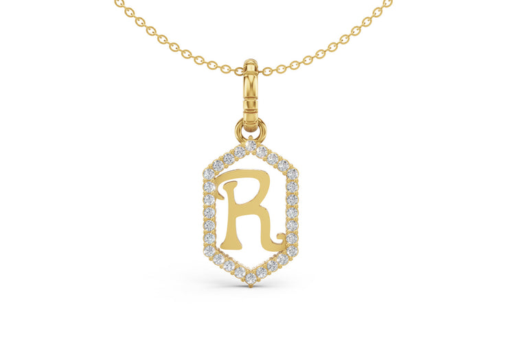 Diamond Pave Letter Charm in Yellow Gold, letter R
