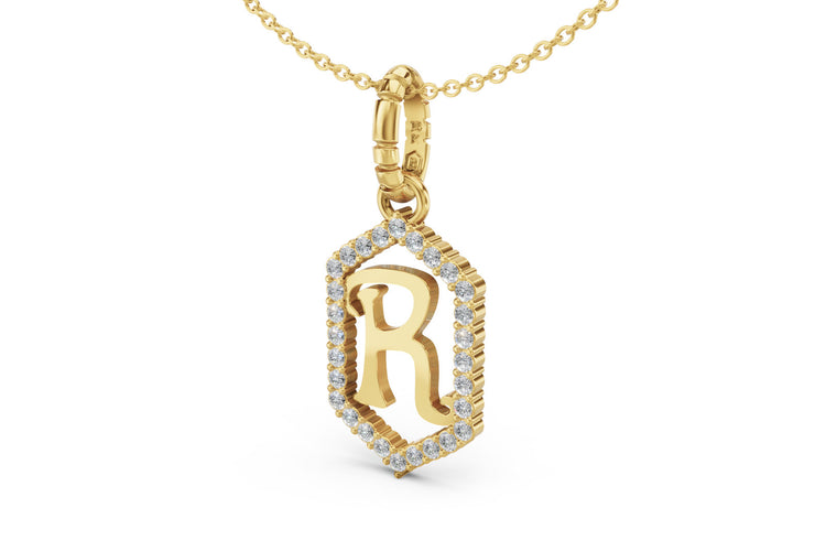 Diamond Pave Letter Charm in Yellow Gold, letter R