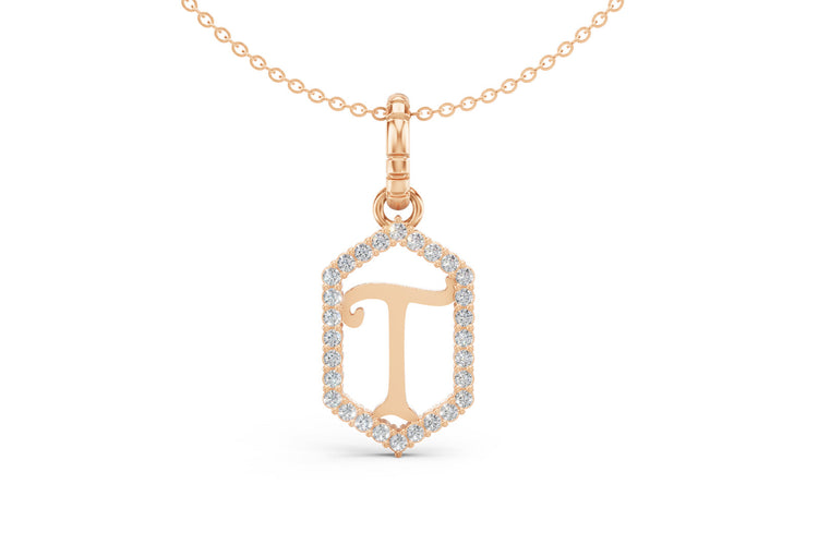 Diamond Pave Letter Charm in Rose Gold, letter T