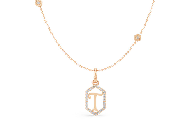 Diamond Pave Letter Charm in Rose Gold, letter T