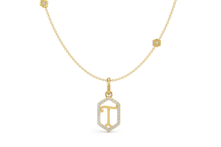 Diamond Pave Letter Charm in Yellow Gold, letter T