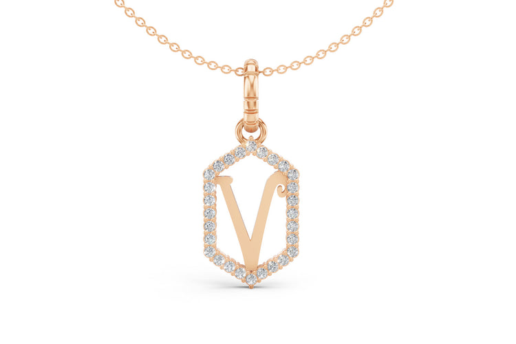 Diamond Pave Letter Charm in Rose Gold, letter V
