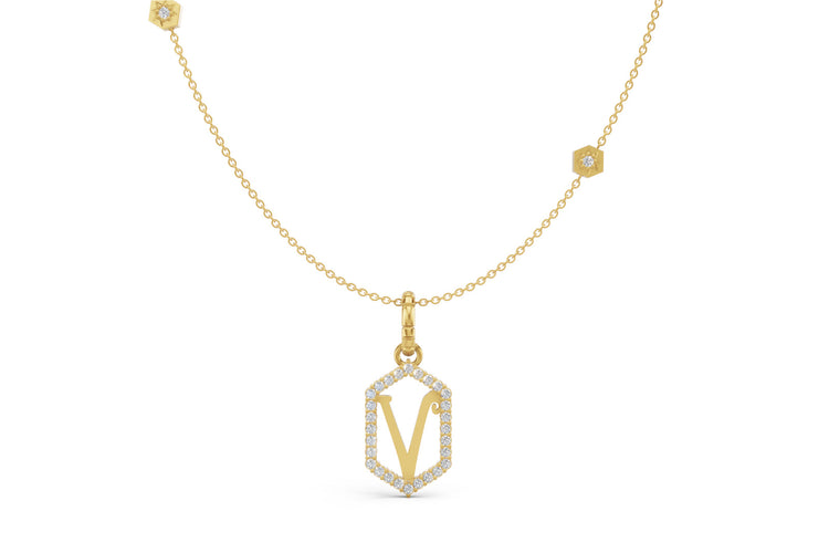Diamond Pave Letter Charm in Yellow Gold, letter V