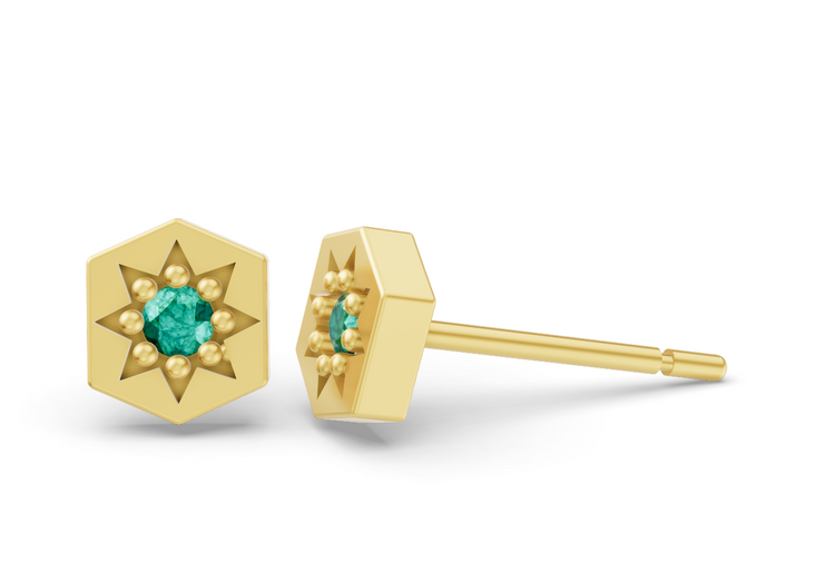 Hexagon Studs in Yellow Gold and Emerald