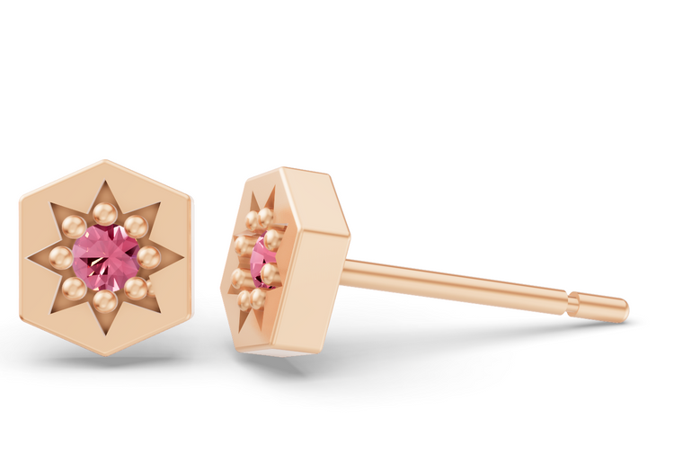 Hexagon Studs in Rose Gold and Pink Sapphire
