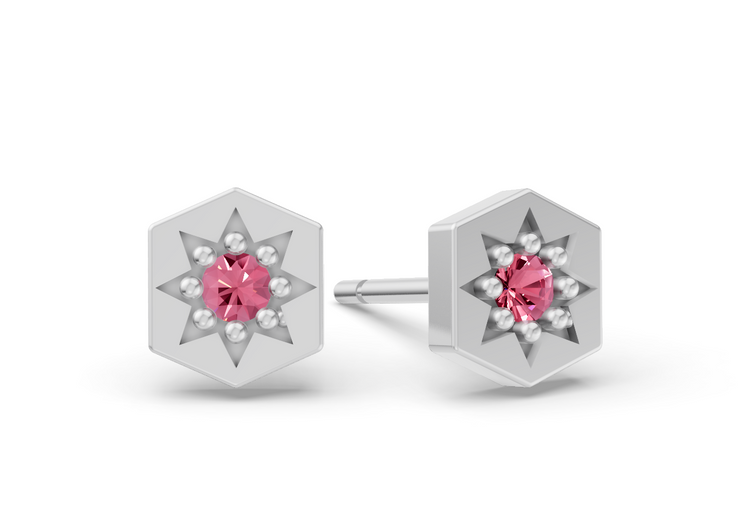 Hexagon Studs in White Gold and Pink Sapphire