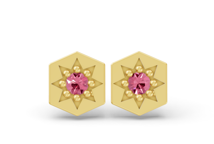Hexagon Studs in Yellow Gold and Pink Sapphire