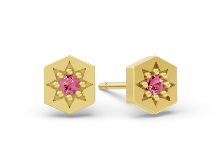 Hexagon Studs in Yellow Gold and Pink Sapphire