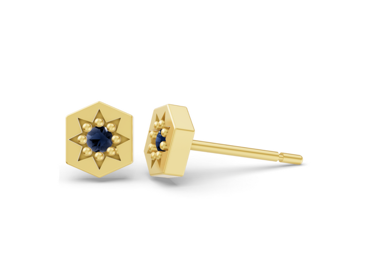 Hexagon Studs in Yellow Gold and Sapphire