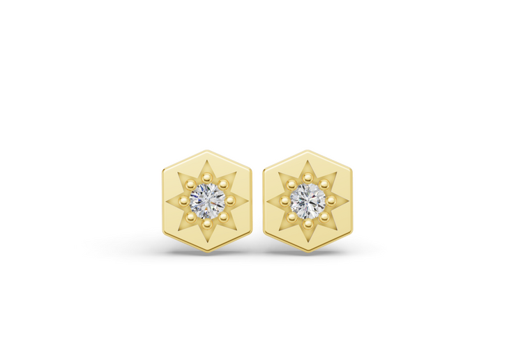 Mini Hexagon Studs in Yellow Gold and Diamond