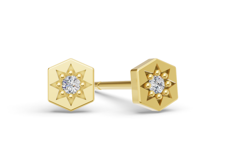 Mini Hexagon Studs in Yellow Gold and Diamond