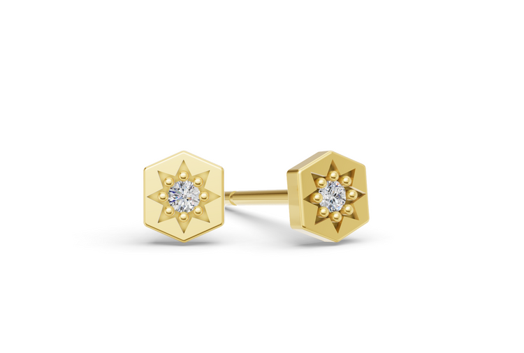 Mini Hexagon Studs in Yellow Gold and Diamond