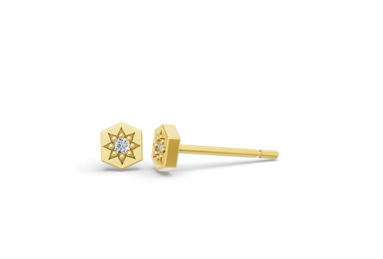 Mini Hexagon Studs in Yellow Gold and Diamond