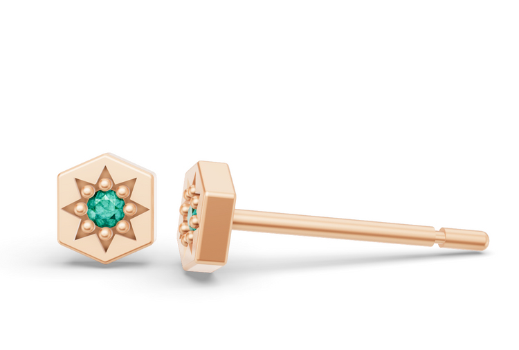 Mini Hexagon Studs in Rose Gold and Emerald