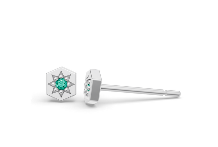Mini Hexagon Studs in White Gold and Emerald