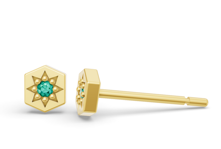 Mini Hexagon Studs in Yellow Gold and Emerald