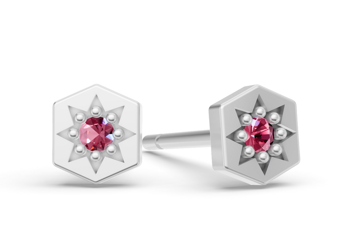 Mini Hexagon Studs in White Gold and Pink Sapphire