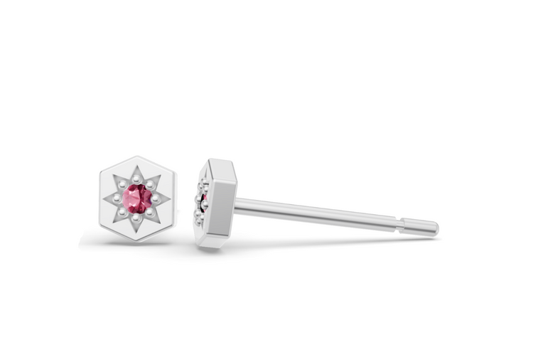 Mini Hexagon Studs in White Gold and Pink Sapphire