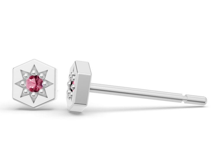 Mini Hexagon Studs in White Gold and Pink Sapphire