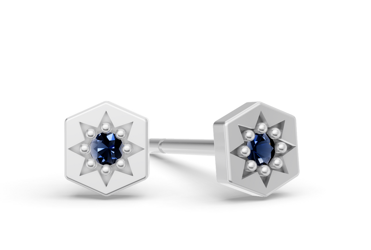 Mini Hexagon Studs in White Gold and Sapphire