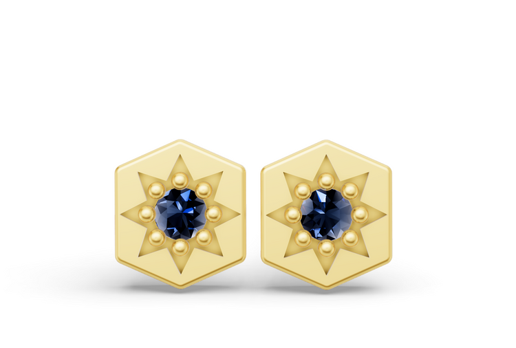 Mini Hexagon Studs in Yellow Gold and Sapphire