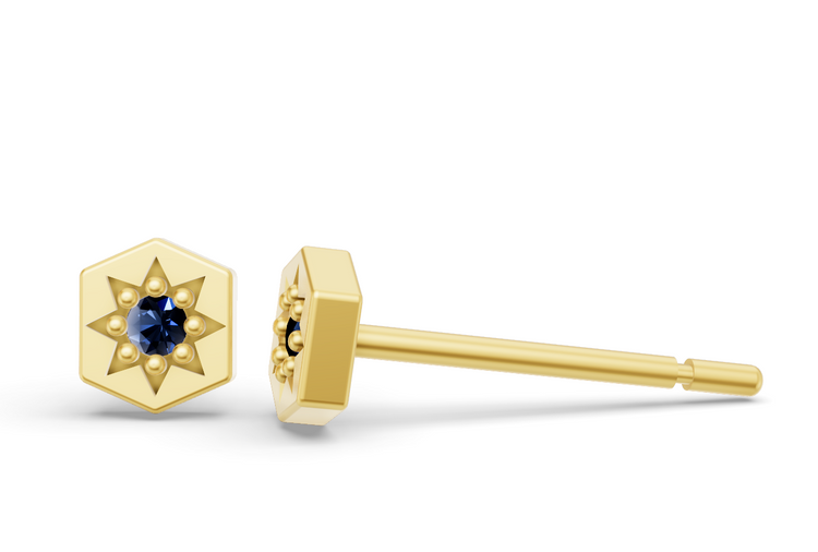 Mini Hexagon Studs in Yellow Gold and Sapphire
