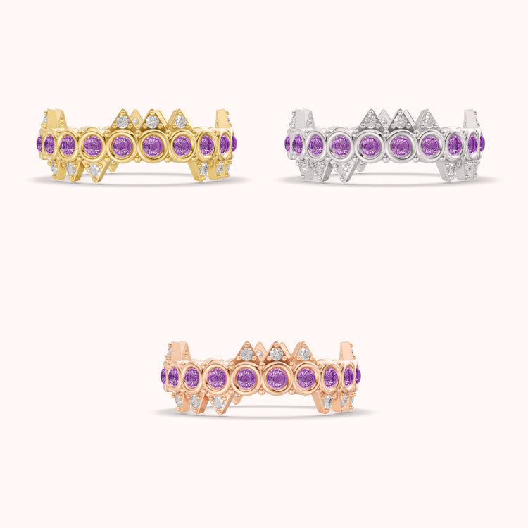 Amethyst Crooked Crown Ring in yellow, white and rose gold