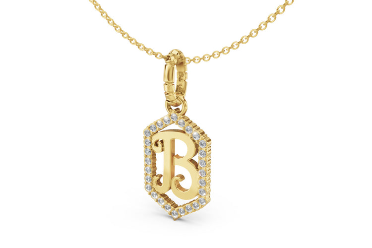 Diamond Pave Letter Charm in Yellow Gold, letter B