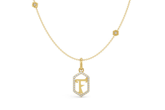 Diamond Pave Letter Charm in Yellow Gold, letter F