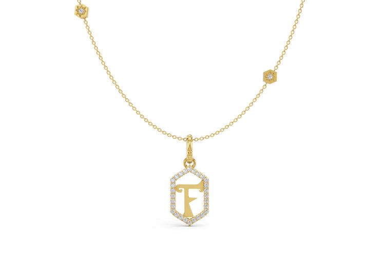 Diamond Pave Letter Charm in Yellow Gold, letter F