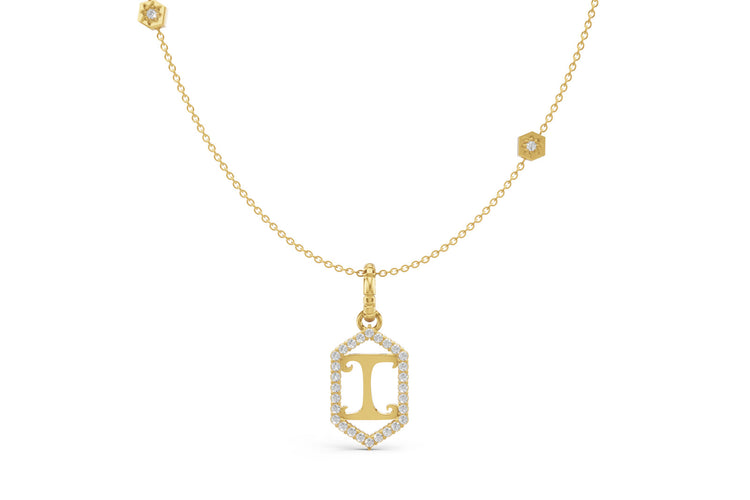 Diamond Pave Letter Charm in Yellow Gold, letter I