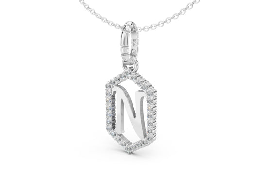 Diamond Pave Letter Charm in White Gold, letter N