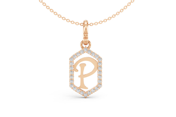 Diamond Pave Letter Charm in Rose Gold, letter P