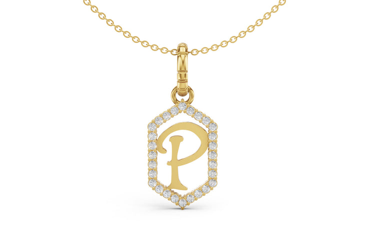 Diamond Pave Letter Charm in Yellow Gold, letter P