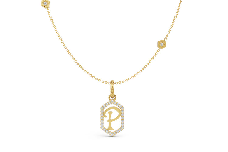Diamond Pave Letter Charm in Yellow Gold, letter P