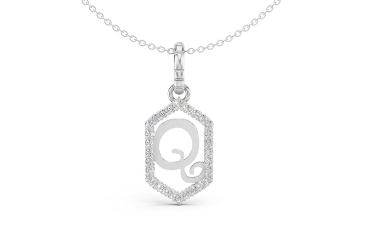 Diamond Pave Letter Charm in White Gold, letter Q