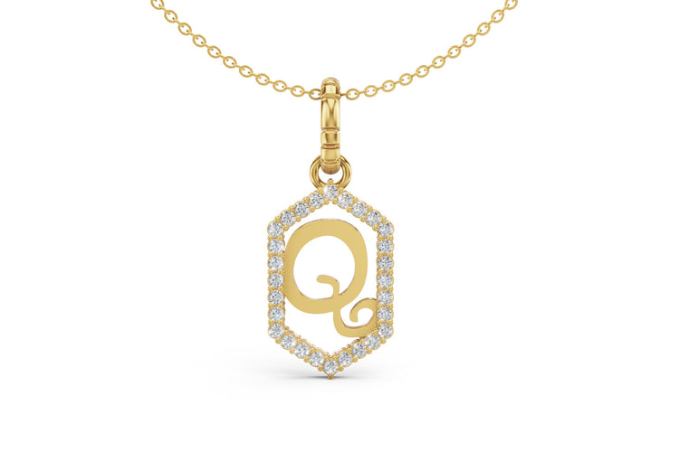 Diamond Pave Letter Charm in Yellow Gold, letter Q