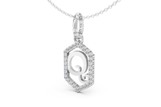 Diamond Pave Letter Charm in White Gold, letter Q