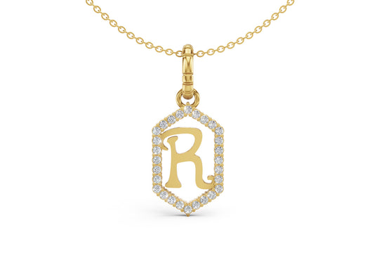 Diamond Pave Letter Charm in Yellow Gold, letter R