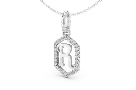 Diamond Pave Letter Charm in White Gold, letter R
