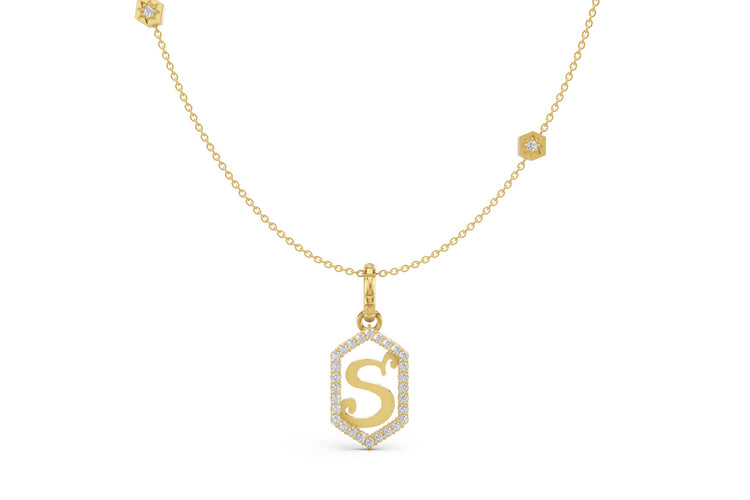 Diamond Pave Letter Charm in Yellow Gold, letter S