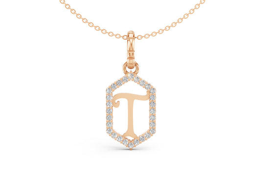 Diamond Pave Letter Charm in Rose Gold, letter T