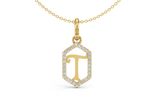 Diamond Pave Letter Charm in Yellow Gold, letter T
