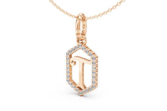 Diamond Pave Letter Charm in Rose Gold, letter T
