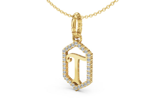 Diamond Pave Letter Charm in Yellow Gold, letter T