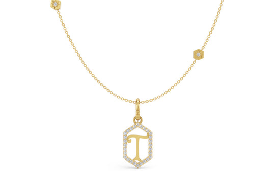 Diamond Pave Letter Charm in Yellow Gold, letter T