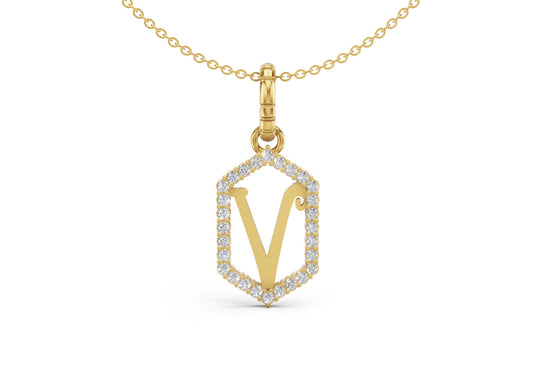 Diamond Pave Letter Charm in Yellow Gold, letter V