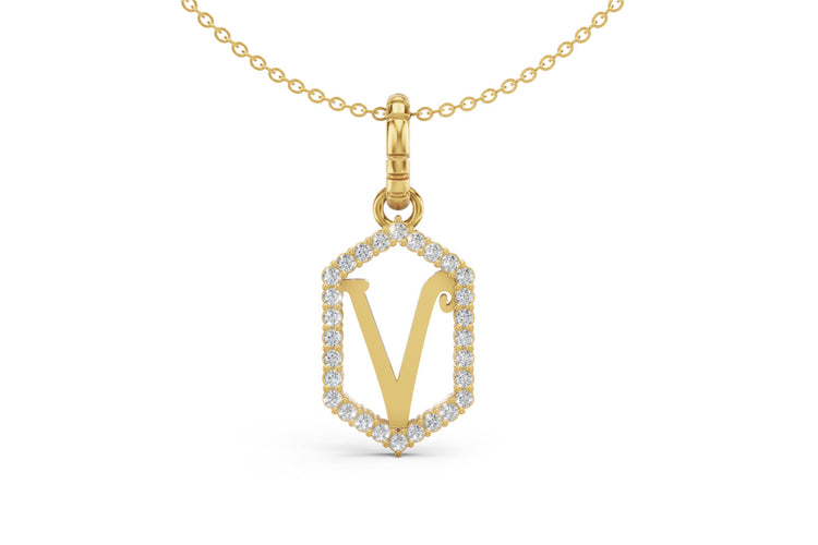 Diamond Pave Letter Charm in Yellow Gold, letter V